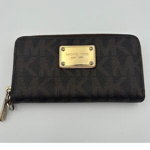 Michael Kors Dark Brown Monogram MK Logo Zip Around Wallet Goldtone Hardware